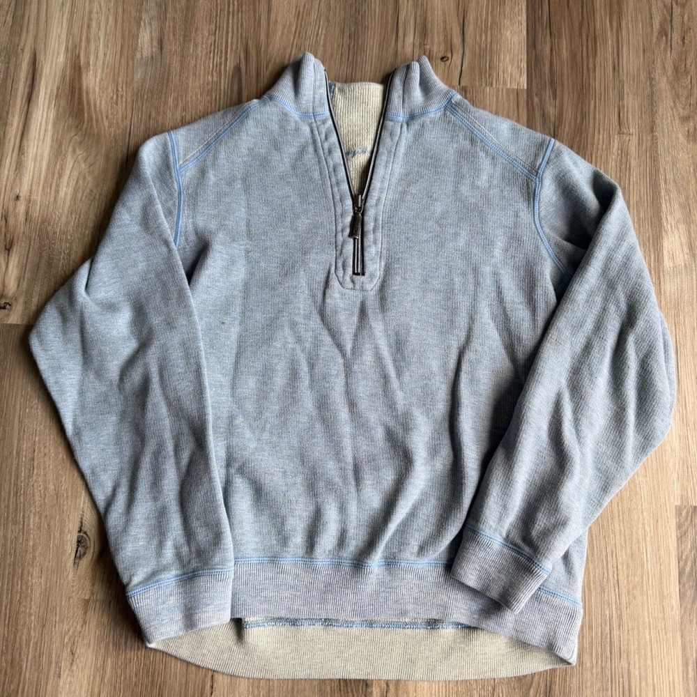Tommy Bahama Mens Reversible Quarter Zip Pullover Sweater Blue Beige Waffle Knit